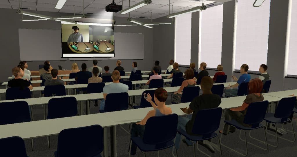 A presentation is being given in a virtual classroom. The slide shows a person using Virtual Orator with an HMD.
