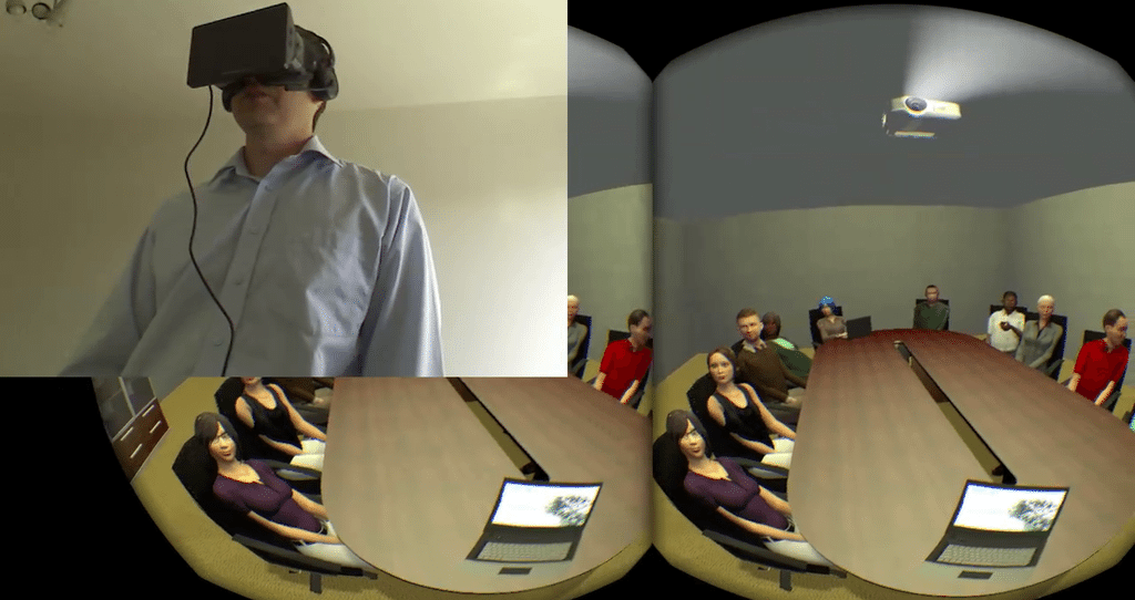 Presenting in Virtual Orator using a Oculus Rift. Each eye gets its own image.